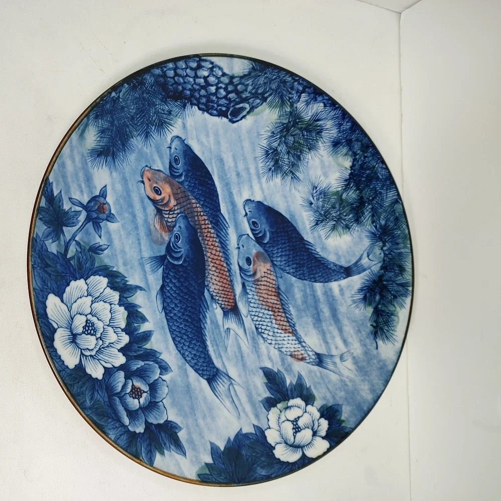 Vintage JAPANESE ART Chop PLATE Koi Fish BLUE JAPAN Art‎ Deco 12.25